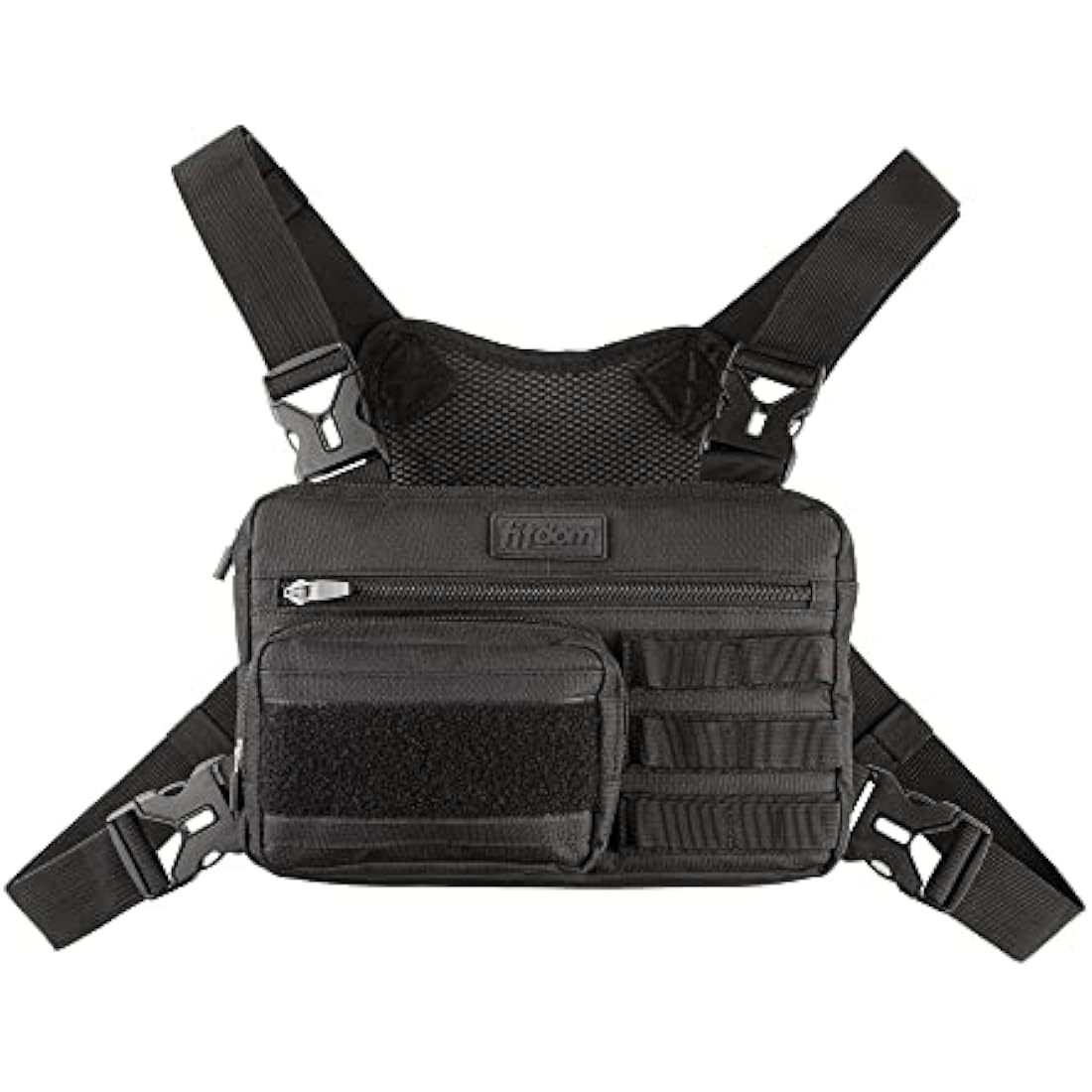 Fitdom Tactical Inspired Sports Utility Chest Pack. Chest Bag for Men with Built-in Phone Holder. This EDC Rig Pouch Vest is Perfect for Workouts, Cycling & Hiking, Black, S, Rig Fit