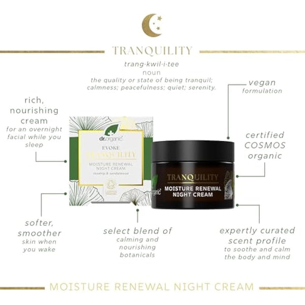 Dr Organic Evoke Tranquility Moisture Renewal Night Cream, Rich Moisturiser for Soft, Smooth Skin, with Rosehip & Sandalwood, Certified Organic, 50ml