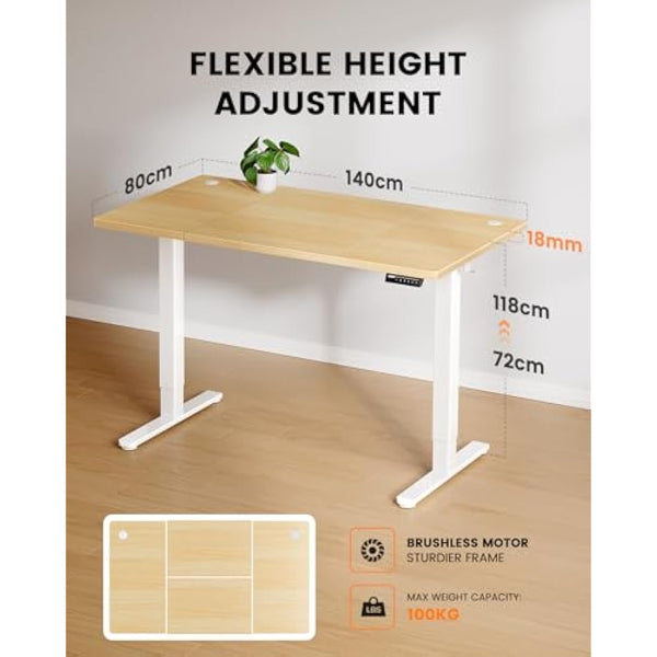 ErGear Electric Standing Desk-140 x 80 cm-100kg Load Capacity Height Adjustable Desk with Advanced Brushless Motor, Quiet Operation, Sturdy Metal Frame