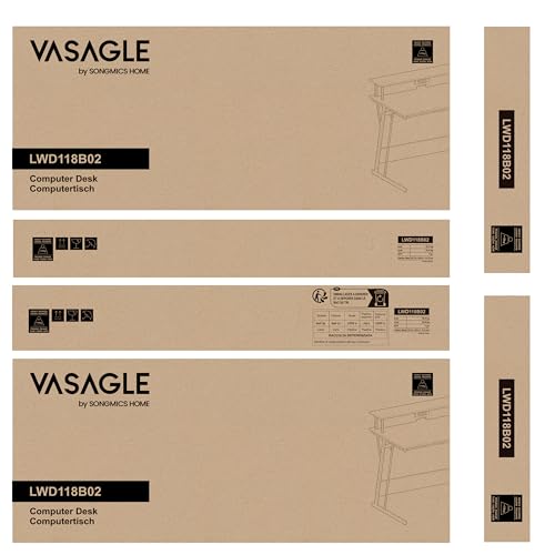 VASAGLE Gaming Desk with LED Lights and Built-In Power Outlets, Computer Desk with Monitor Shelf, Gaming Table for 2 Monitors, Office Desk, for Bedroom, 60 x 120 x 76 cm, Carbon Black LWD292B02