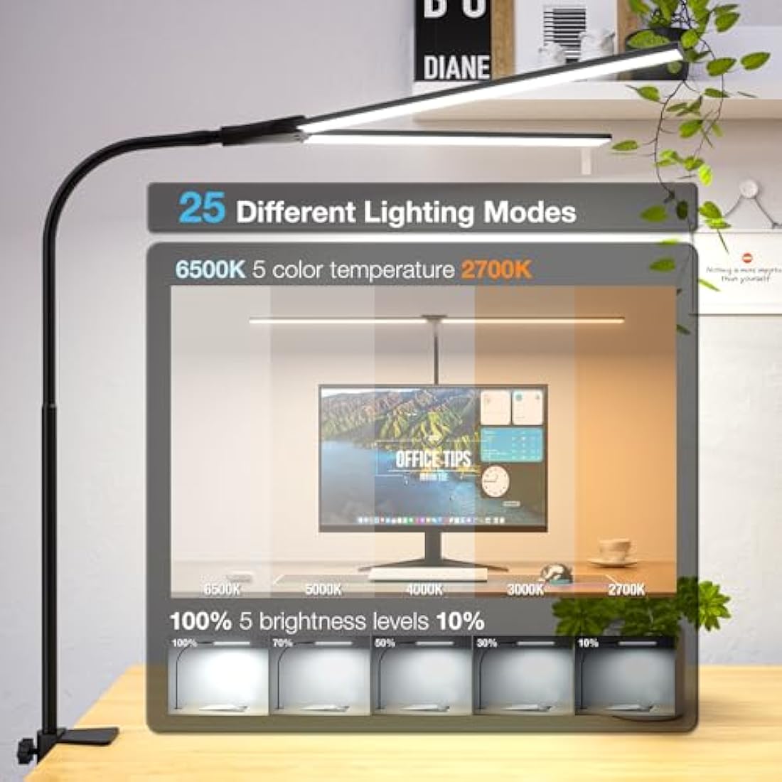 Hensam Desk Lamp for Office Home, 80CM Desktop Lighting Bar with Gooseneck, Clip on Desk Light with Clamp, Bright Dimmable Table Lamp for Study, Work, Computer, Monitor, Reading