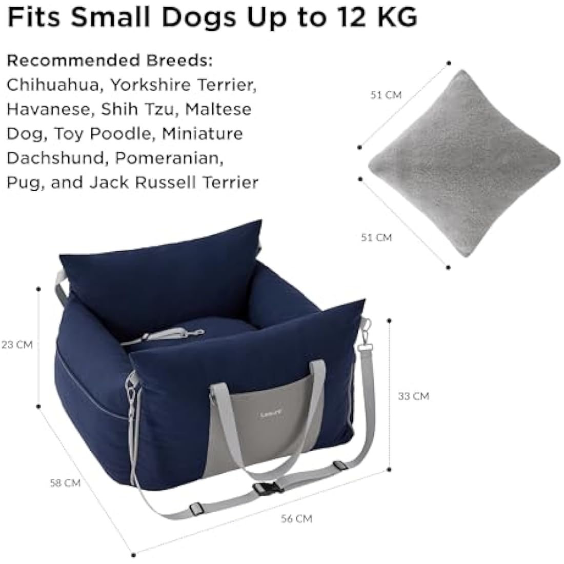 Lesure Dog Car Seat for Medium Dog - Waterproof Dog Booster Seat for Car with Storage Pockets, Clip-On Safety Leash and Memory Foam Filling, Small Pets Travel Carrier Bed, 58x56x33cm, Mood Indigo