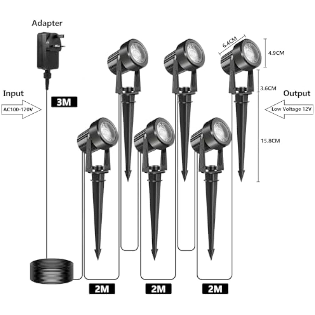 NATPOW Garden Lights, Garden Spot Lights Mains Powered, Warm White LED Outdoor Landscape Spike Lights with Adapter, IP65 Waterproof 5V Spotlights for Lawn, Driveway,Party(6-in-1)