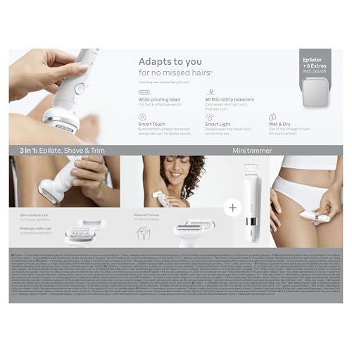 Braun Silk-épil 9, Epilator with Pivoting Head for Easy Hair Removal, Wet & Dry, Lasting Smooth Skin, with Lady Shaver Head & Trimmer Comb, 9-441, White/Silver with EU Plug