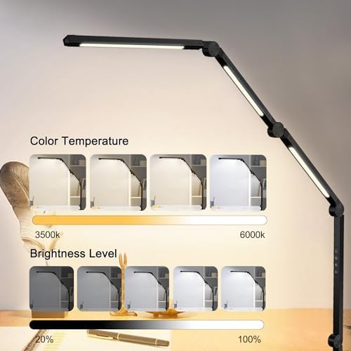 segrass LED Desk Lamp with Clamp, Flexible 4 Sections Swing Arm, Three Light Sources, 4 Color Modes & 5 Brightness, Eye Caring Table Light with Memory Function for Office