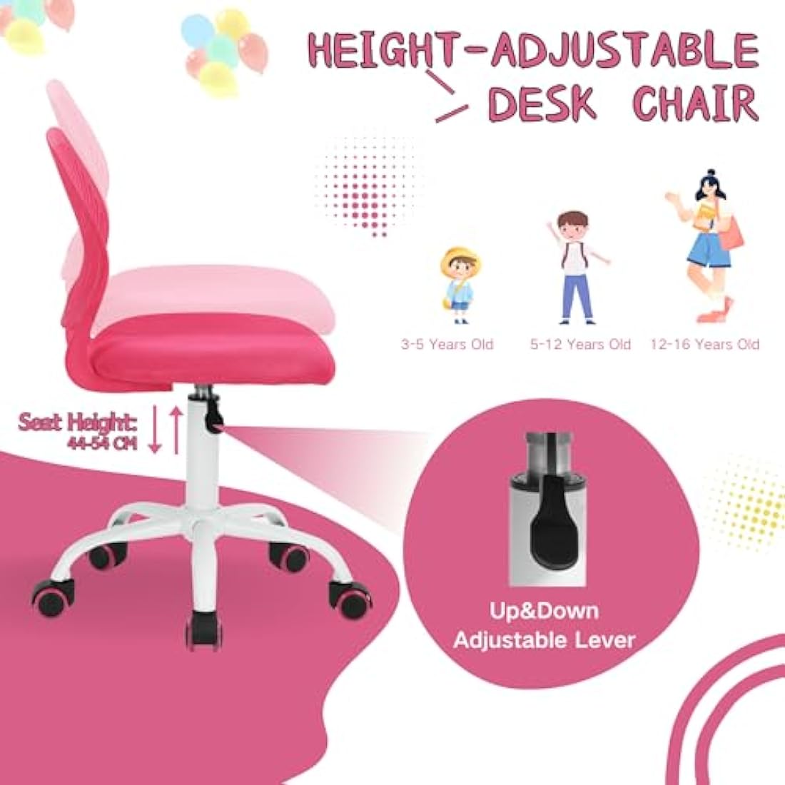Homy Casa Desk Chair Adjustable Swivel Office Chair Fabric Seat Ergonomic Task Chair without Armrest, Pink