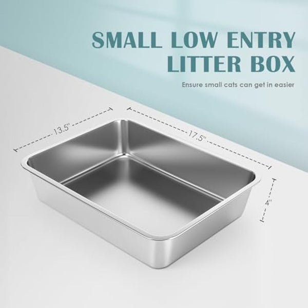 IKITCHEN Stainless Steel Cat Litter Box, Large Metal Litter Pan for Cats Rabbits, Never Absorbs Odors,Stain Free, Rustproof, Non Stick Smooth Surface, Anti-slip Rubber Bottom, 17.7"L x 13.7"W x 4"H