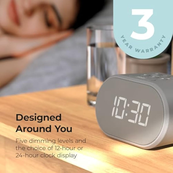 i-box Alarm Clocks Bedside, Radio Alarm Clock, Mains Powered or Battery, FM Radio, USB Charging Port, 5 Step Dimmable Display, Non Ticking, LED Display (Grey)