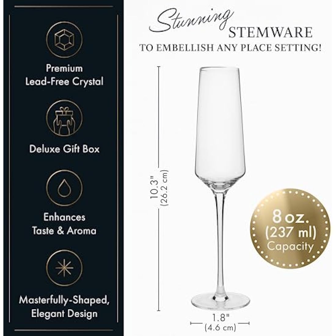 ELIXIR GLASSWARE Classy Champagne Flutes - Hand Blown Crystal Champagne Glasses - Set of 4 Elegant Flutes, 100% Lead Free Premium Crystal - Gift for Wedding, Anniversary, Christmas - 8oz, Clear