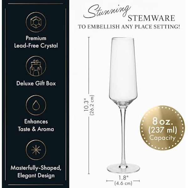 ELIXIR GLASSWARE Classy Champagne Flutes - Hand Blown Crystal Champagne Glasses - Set of 4 Elegant Flutes, 100% Lead Free Premium Crystal - Gift for Wedding, Anniversary, Christmas - 8oz, Clear