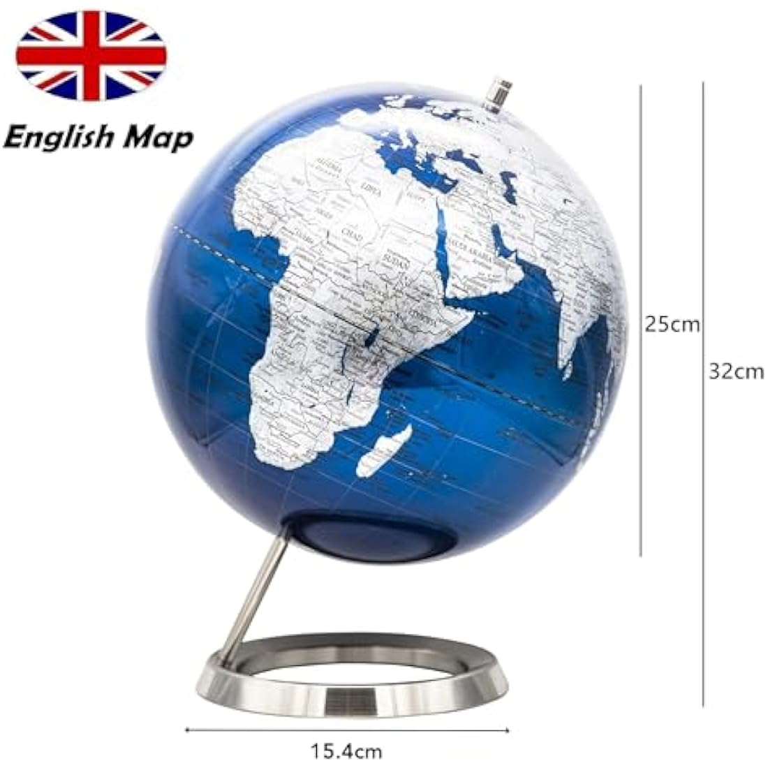 EXERZ 25cm World Globe - Stainless Steel Ring Standing, Packaging in Premier Kraft Box, Perfect for Gifting - Metallic Blue