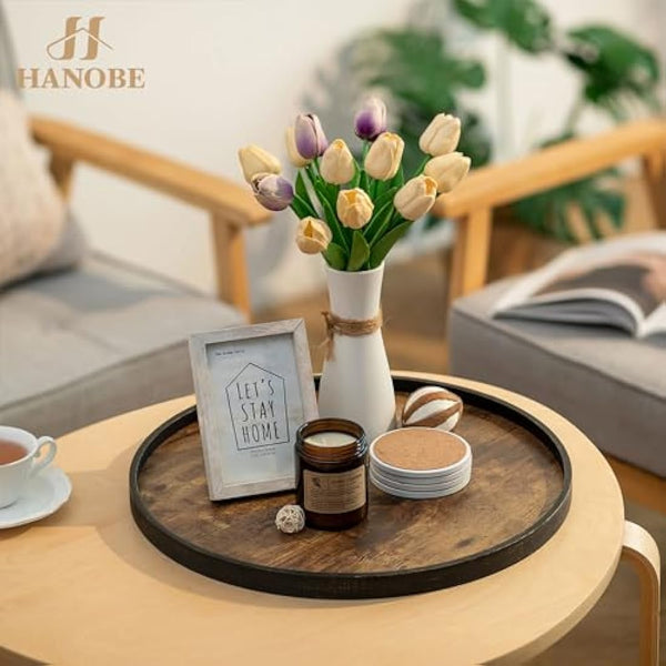 Hanobe Large Serving Tray Round: Decorative Coffee Table Tray for Ottoman Centrepiece Decor - Rustic Wooden Candle Platter for Dining Living Room Footstool 45 cm