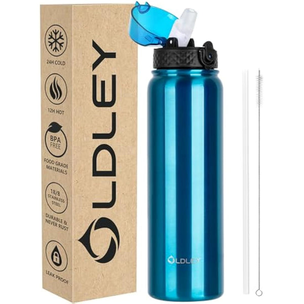 OLDLEY Stainless Steel Water Bottle with Straw 1L Vaccum Insulated Large Drink Flask Metal Water Bottles 1 Litre Leakproof Keep Drinks Hot Cold for Sports Travel Adult Women Men(Bright Blue, 1 Lid)