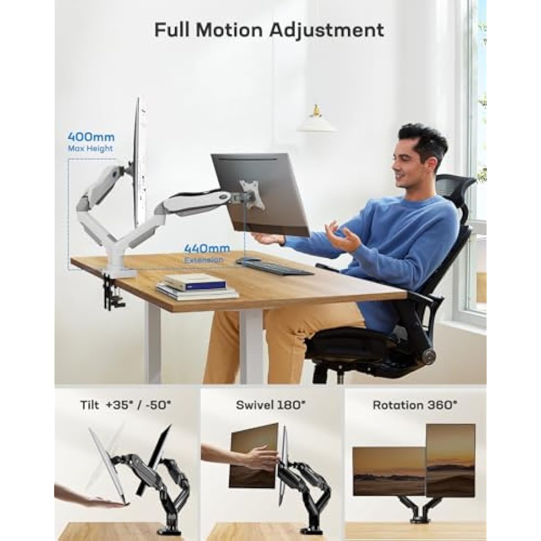 HUANUO White Dual Monitor Arm Desk Mount for 13 to 32 Inch Screens, Dual Monitor Stand for Curved Flat Screens, VESA Mount 75 & 100 mm