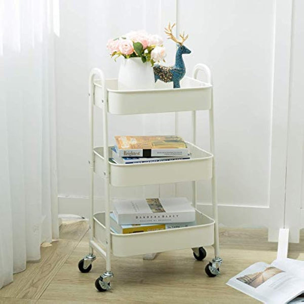 DOEWORKS Storage Trolley on Wheels Kitchen Trolleys Metal 3-Tier Trolley for Book Beauty Craft Trolleys Rolling Utility Storage Cart for Room Bathroom Office, White
