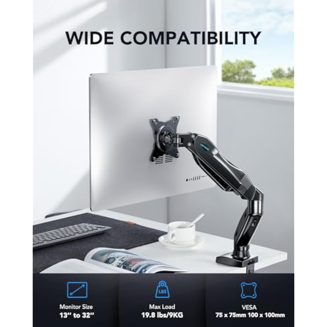 HUANUO Single Monitor Arm Desk Mount for 13 to 32 inch Screens, Tool Free Height Adjustable Monitor Stand with Tilt Swivel Rotate, 75 & 100mm VESA Mount, Load 19.8 lbs, C-clamp & Grommet Options