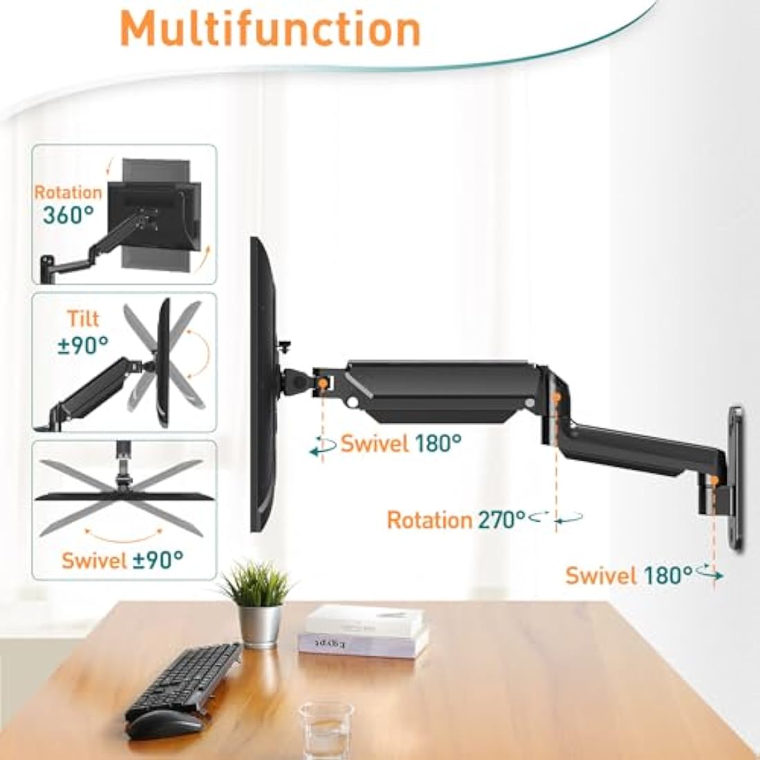 ELIVED Wall Mount Gas Spring Arm for 13-32 Inch PC Monitors With VESA 75x75 / 100x100mm up to 9KG, Tilt Swivel Rotate Single Arm, Height Adjustable Wall Bracket EV023