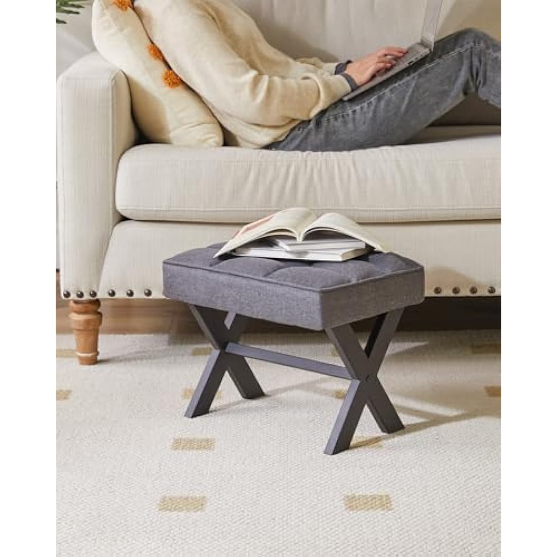 IBUYKE Small 12" H Footrest Stool, Square Linen Foot Stool with Metal X-Leg, Multi-Use as Small Side Table, Step Stool for Living Room, Bedroom, Entryway, Office, Dark Gray WBD011G