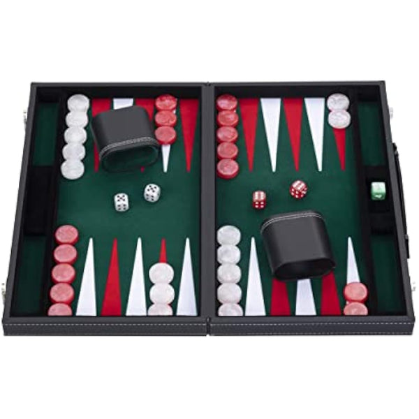 Engelhart - 250511 - Large Luxury Backgammon 18 Inches - Red - 45 cm - Faux Leather - Felt Inlay - Pearl Dice & Chips + 2 Cups - Strategy Game - Pro & Leisure