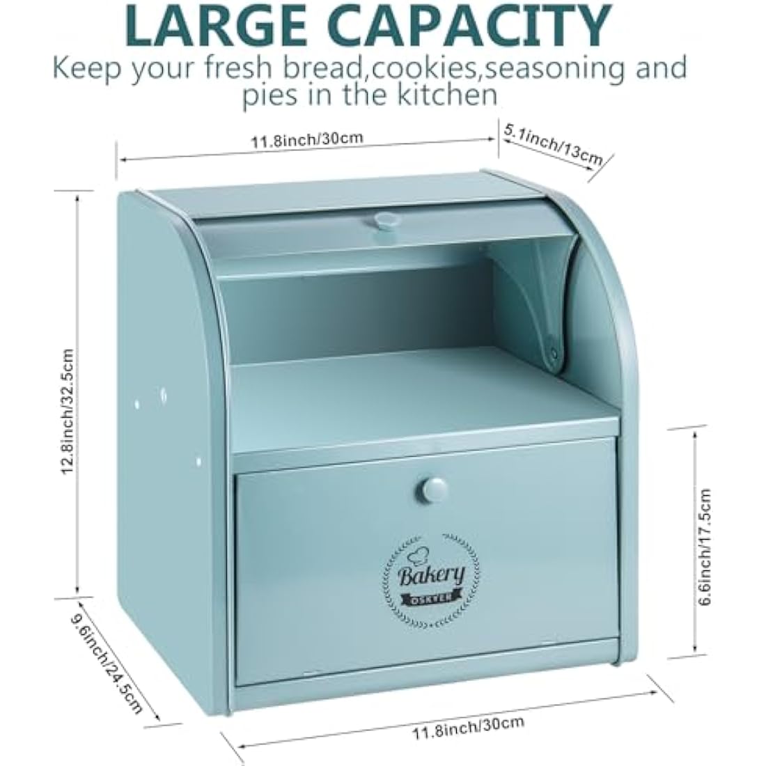 Dyserbuy Bread Bin, Bread Bins for Kitchen, Large Bread Box with Roll Top Lid, Double Metal Bread Container, Storage Bin for Fresh Loaves, Cookies, Pastries 30 x 25 x 33 cm (Green)