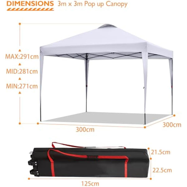 BONTEC 3x3m Pop Up Gazebo with 50+ UPF Protection, Waterproof Canopy Tent with Easy Setup, Height Adjustable, Portable with Wheeled Carry Bag, Perfect for Outdoor Events, Camping, Beach, and Parties