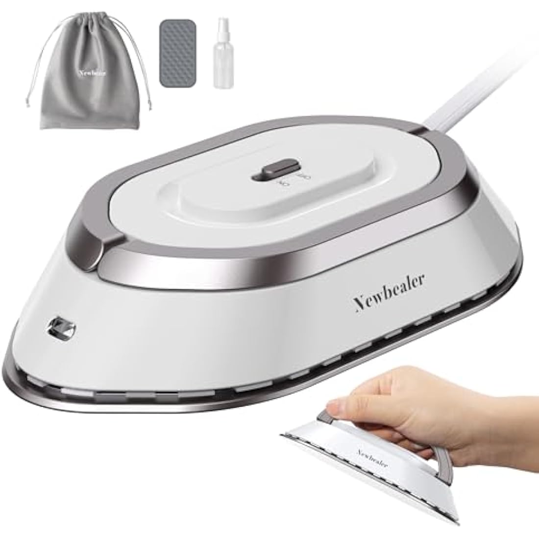 Newbealer Travel Iron - Mini Iron with Dual Voltage-220V/120V for Clothes, Compact Iron with Small Pouch for Global Travel, Quilting & Sewing, Silver
