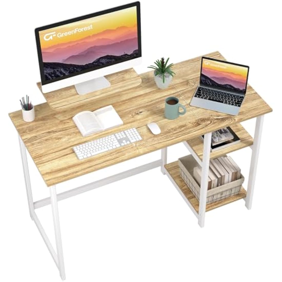 GreenForest Office Desk with Monitor Stand,100cm Home Computer Desk with Reversible Storage Shelves,Study Desk for Small Spaces,Oak