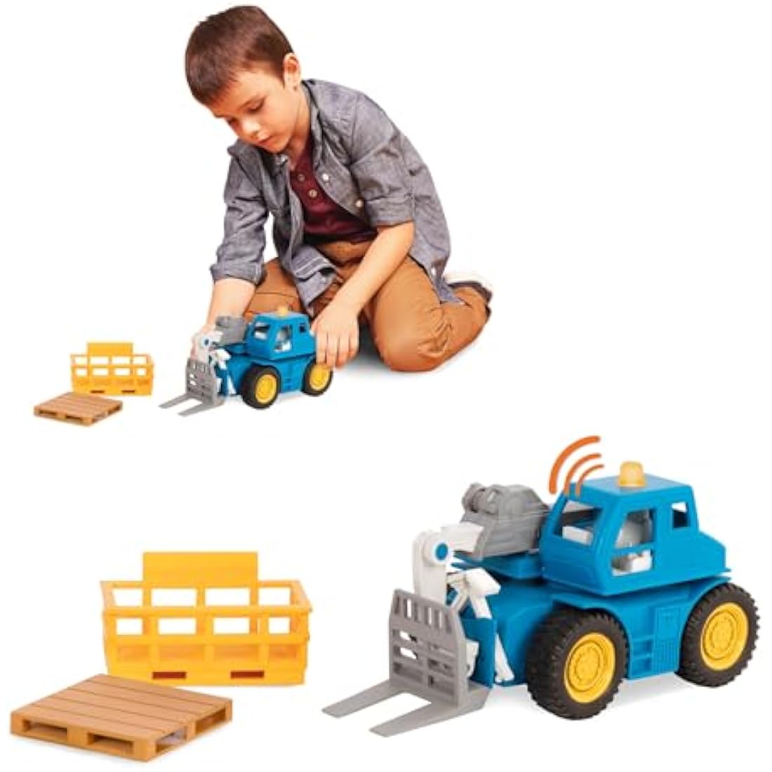 DRIVEN - Micro Telehandler - Toy Crane Truck with Crate, Basket, Light, and Sound - Trucks and Construction Toys for Kids Aged 3 and Up, Brown/a