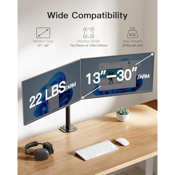 HUANUO Dual Monitor Stand for 13-30 Inch Screens, Adjustable Dual Monitor Arm with Tilt Swivel Rotate,10KG per Arm, Double Computer Sceren Stand Fit 75 100 VESA Mount