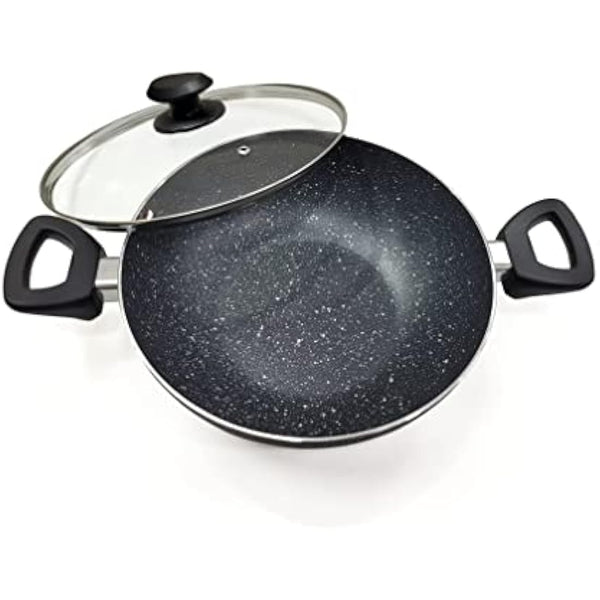 Ignite Cookware 26cm Marble Non-Stick Wok | Stir-Fry Pan with Glass Lid | Kadai | PFOA Free Non Stick for Healthy Cooking | Suitable for All Hobs Including Induction