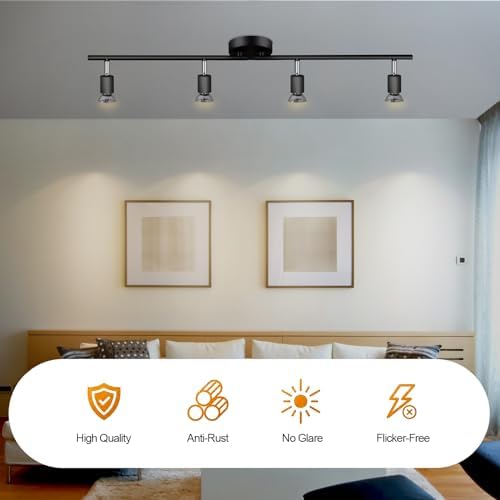4 Way Spotlight Ceiling Light Rotatable, GU10 Industrial Ceiling Light Fitting Black Spot Light Bar Indoor Adjustable Light Ceiling Spot Lamp for Kitchen Bedroom Hallway, 3000K GU10 Bulb Included