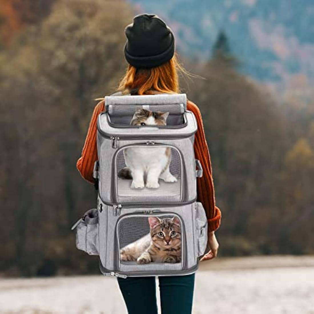 FASNATI Double-Compartment Pet Carrier Backpack, Cat Carrier Backpack for 2 Small Cats, Dogs and Rabbits, Perfect for Traveling/Hiking/Camping, Grey