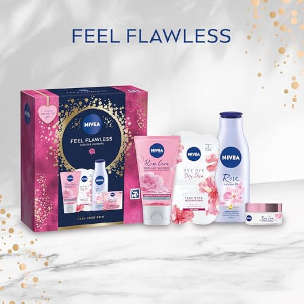NIVEA Feel Flawless Gift Set (4 Products), Women's Gift Set with Skincare Essentials, Includes Body Lotion, Face Mask, Face Wash, and Day Cream