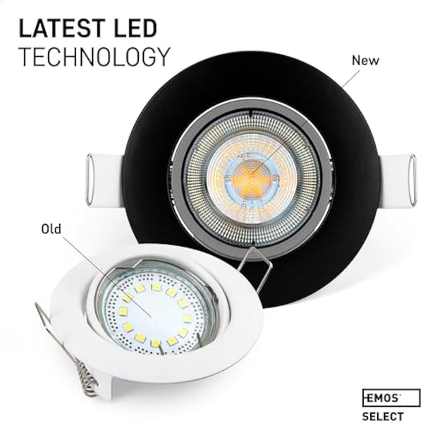EMOS LED Spot Lights Ceiling Round 5W / 450lm, 6500K Cold White | 50° Tilt Swivel Recessed Ceiling Lights, Ultra Slim | Pack of 12 Recessed LED Downlights for Ceiling, Mains Powered, Black