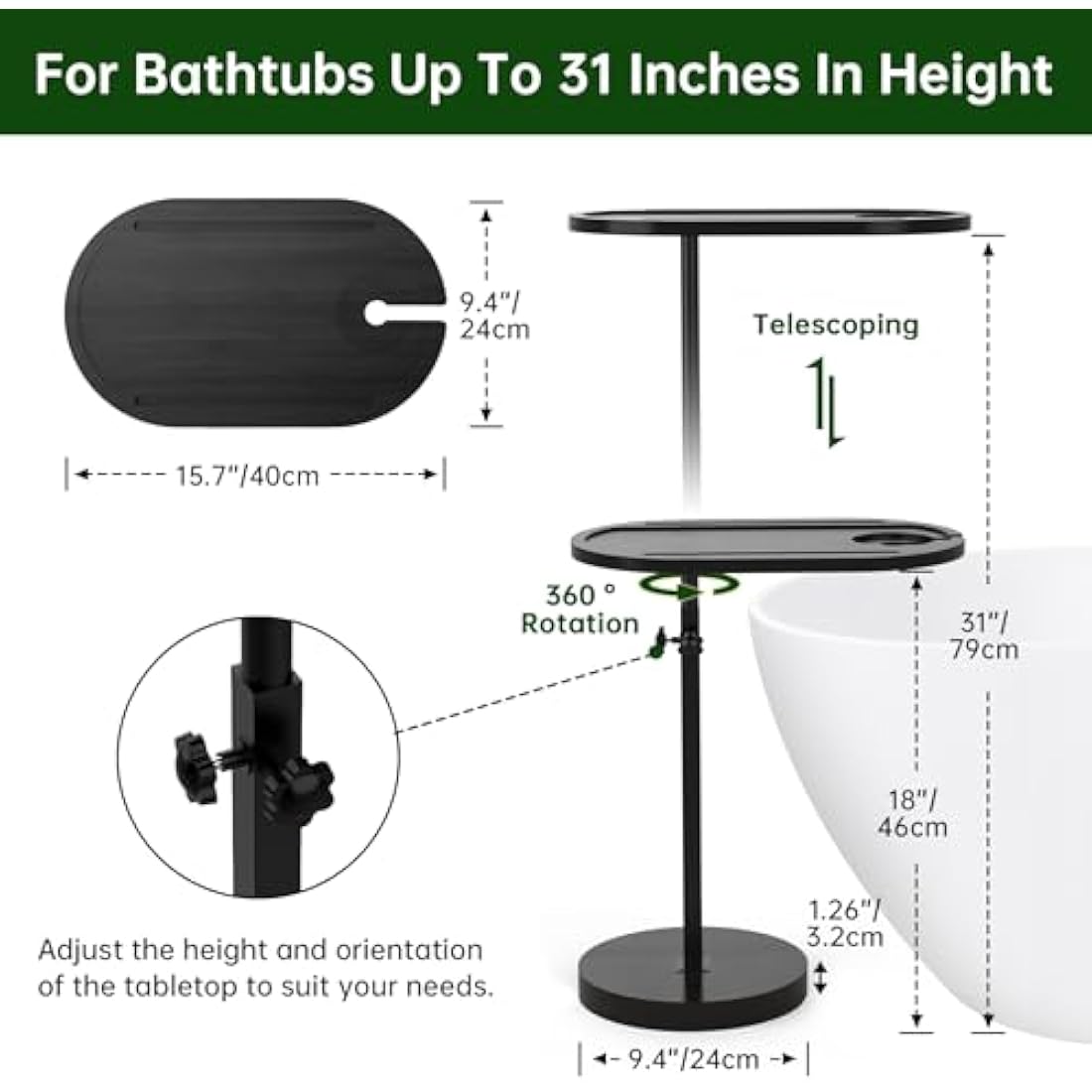 NiHome Bamboo Swivel TV Tray Table with Thickened Stable Non-Tipping Base,Adjustable Height Couch Table Tray,End Table,Bathtub Side Tray Table with 360° Rotating for Hot Tub Bedside Sofa Balcony,Black