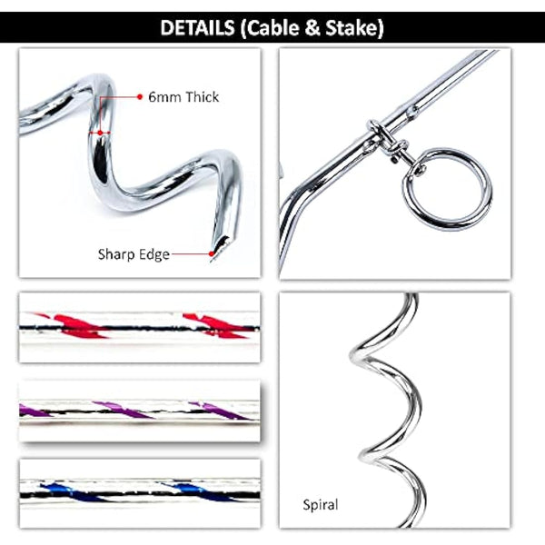 2x 1.5m Reflective Dog Chains for Outside - Tie Out Cable with (40cm) Heavy Duty Steel Spiral Ground Spike Dog Stake Tether, Outdoor, Camping (Cable & Stake, Assorted)