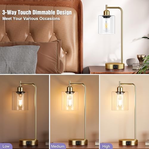 Aooshine Industrial Touch Lamps Set of 2, Gold Bedside Lamps Set of 2 with Glass Shade for Bedroom(Bulbs Included)