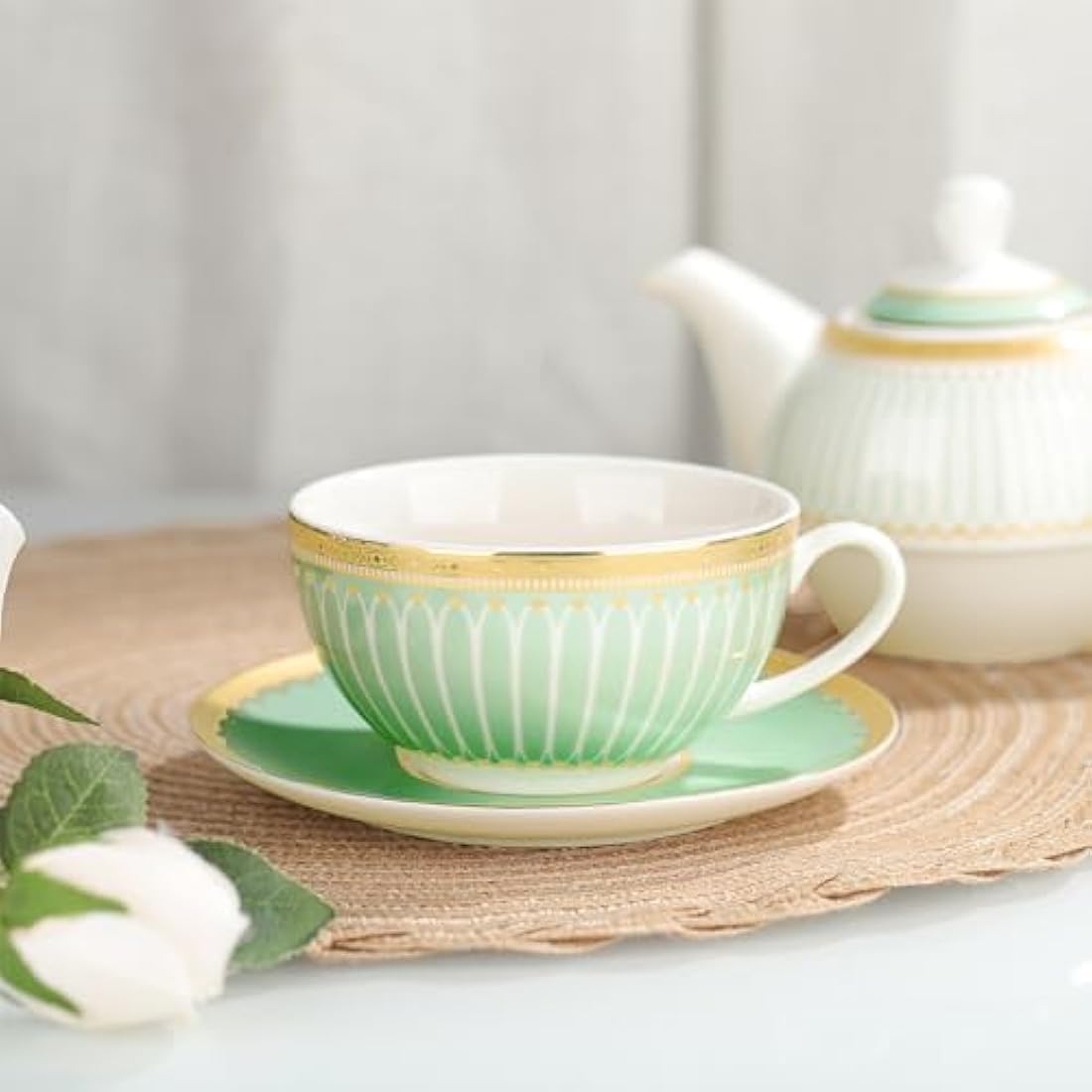 fanquare Teapot Cup and Saucer Set, British Afternoon Tea Set for One with Gold Trim, Porcelain Teapot for Adults Gift, Green Stripes