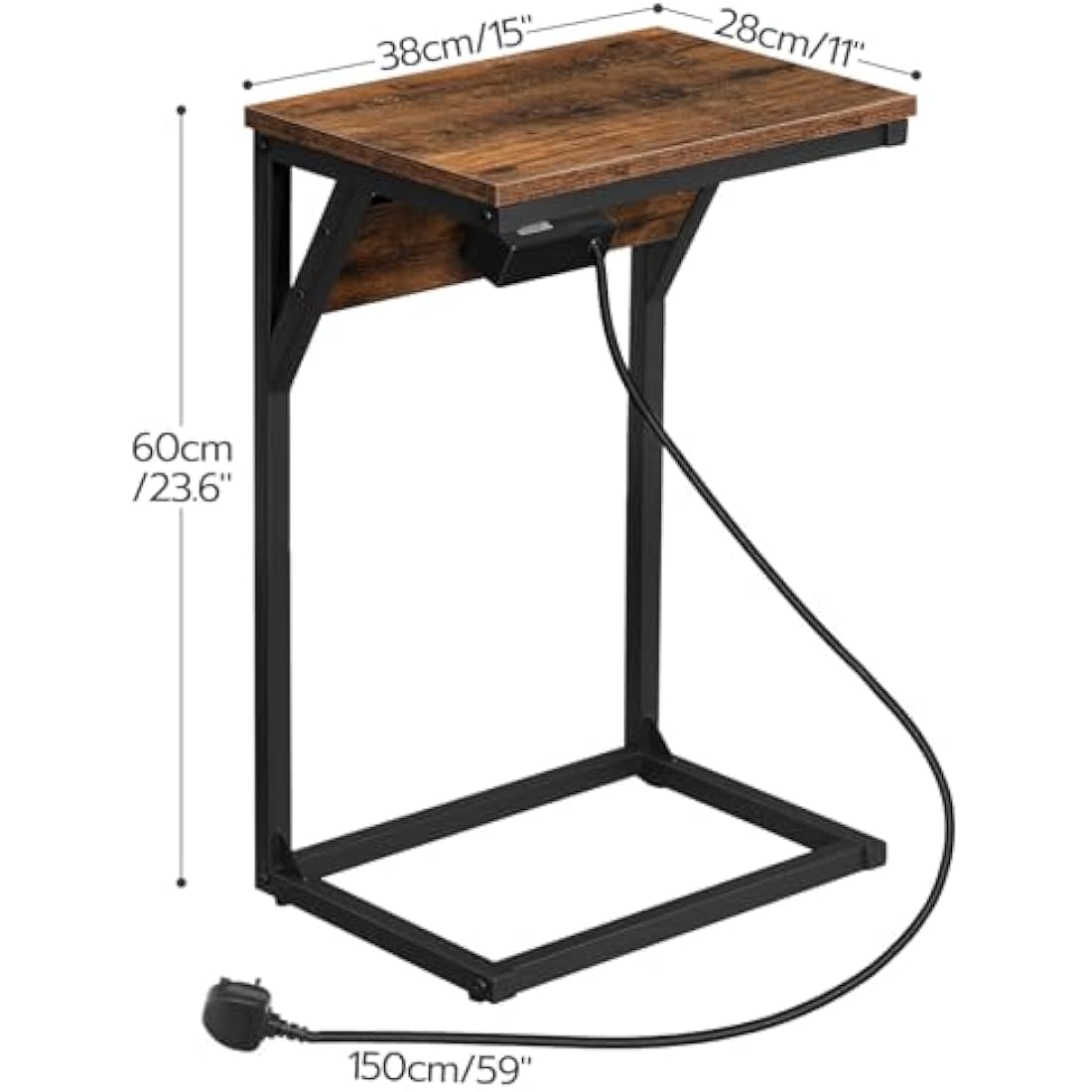HOOBRO C Shaped Side Table, Sofa Side Table with Charging Station, 2 Plug Sockets and 2 USB Ports, Narrow Bedside Table for Small Spaces, Laptop Table for Sofa, Rustic Brown and Black EBF06KSF01