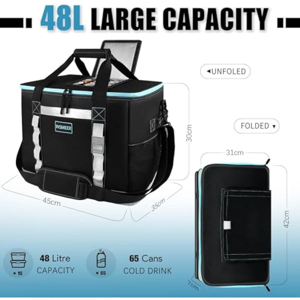 INSMEER 48L Large Cool Bag with Easy Top Access Opening, 65 Cans Foldable Cooler Bag, XXL Waterproof Cool Bag, Insulated Bag for Camping, Picnic, Beach, Hiking, Family Outdoor Activities, Festival