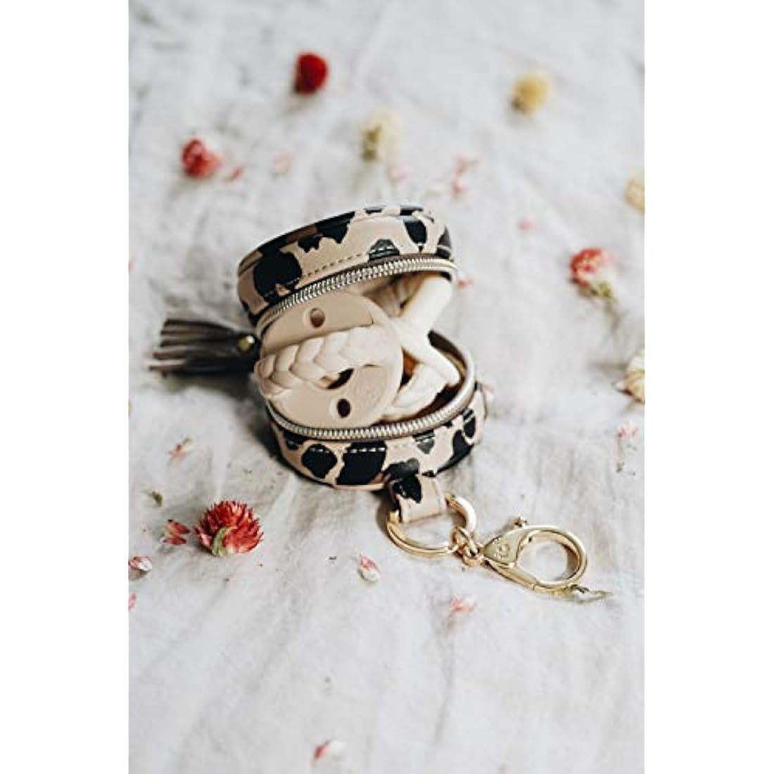 Itzy Ritzy Pacifier Case with Clip – Pacifier Charm Pod Includes Clasp to Easily Attach to a Diaper Bag or Purse; Measures 2.5” in Diameter and Holds 2 Pacifiers, Leopard