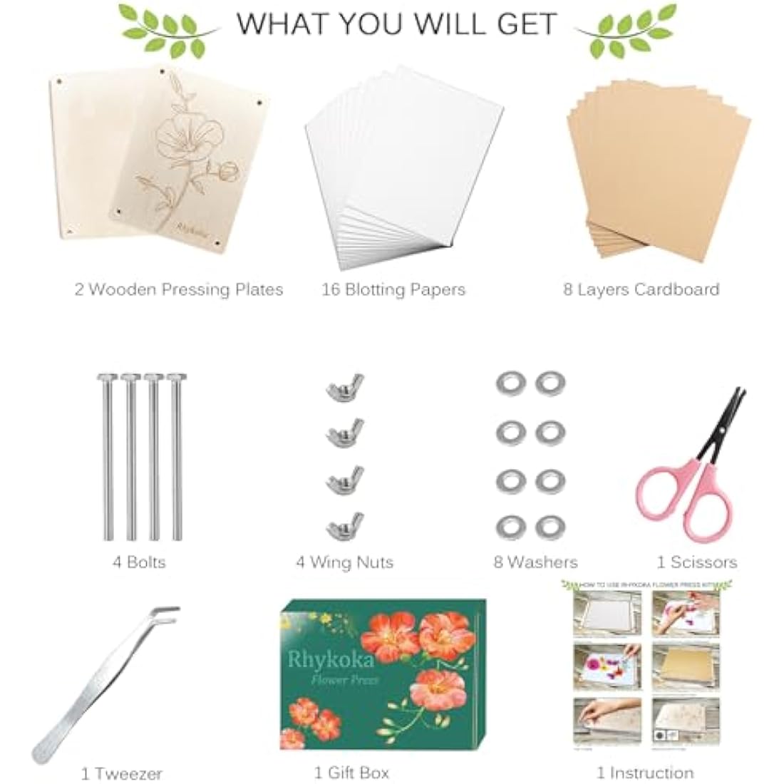Rhykoka Professional Flower Press, 8 Layers 6.3x8.3 inch (16x21cm) Flower Press Kit Wooden Leaf Pressing Kit for Kids Adults with Clear Instruction, Nice Gift for DIY Dried Flowers Lovers (Wooden)