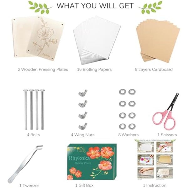 Rhykoka Professional Flower Press, 8 Layers 6.3x8.3 inch (16x21cm) Flower Press Kit Wooden Leaf Pressing Kit for Kids Adults with Clear Instruction, Nice Gift for DIY Dried Flowers Lovers (Wooden)