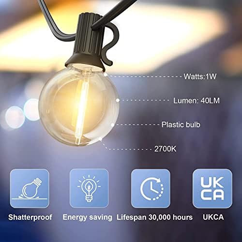 GLUROO Festoon Lights Outdoor 100FT, G40 LED String Lights Mains Powered with 50+2 Plastic Bulbs,Waterproof Connectable Outdoor String Llights for Garden,Porch, Backyard,Bistro