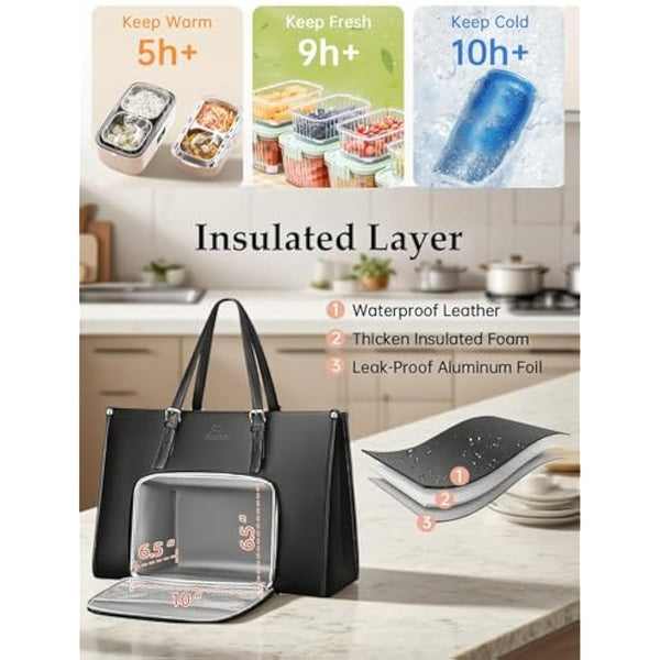 MATEIN Laptop Bags for Women with Insulated Leakproof Lunch Compartment, 15.6 Inch PU Leather Briefcase, Laptop Tote Work Bag with an Adjustable Handle, Designer handbag for School, Office, Black