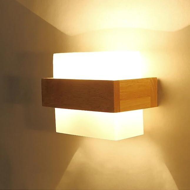 DELIPOP Wooden Wall Lights Indoor, E27 Modern Minimalist Design Wall Lamp, Wood Wall Lighting Fixtures 3 Lighting Colours 3000K/4500K/6500K for Living Room Bedroom Corridor Stairs