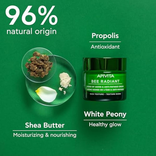 Apivita Bee Radiant Signs of Aging & Anti-Fatigue Face Cream 50ml - Antiwrinkle Moisturizer for Dry Skin With Propolis & White Peony - Fights Lines, Wrinkles & Fatigue Signs, Boosts Brightness