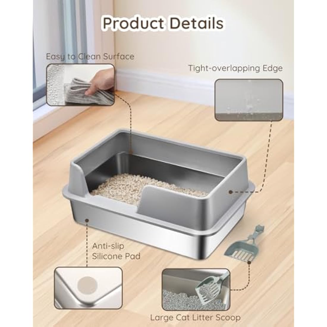 Papettly High Sided Stainless Steel Litter Box - Metal Cat Litter Tray with Splash-Proof Lid, Easy Cleaning & Odor-Less Kitten Litter Tray with Double Layer Litter Mat, Litter Scoop, Brush, 50x35x20CM
