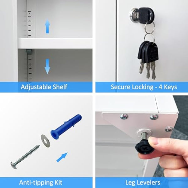 iJINGUR Metal Storage Cabinet with Locking Doors and 2 Adjustable Shelves, Small Lockable Storage Cupboard for Home Office Garage (White)