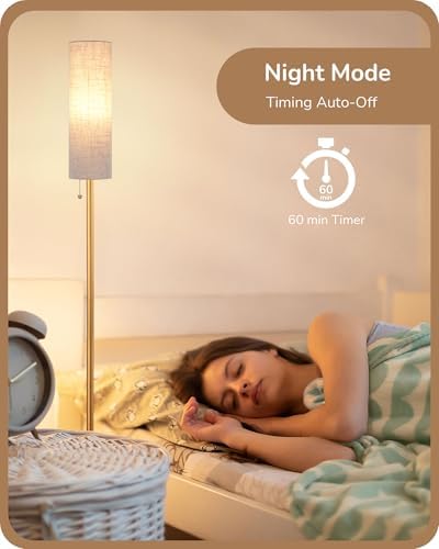 EDISHINE Floor Lamp, Standing Lamp with Rounded Linen Lampshade, Floor Lamps for Living Room, Bedroom, 165cm, E27 Socket(9W LED Dimmable Bulb Included), Magnetic Remote Control, Gold